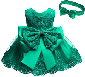 0-2T Big Bowknot Toddler Baby Girls Photo Shoot Pageant Party Lace Dress with Headwear