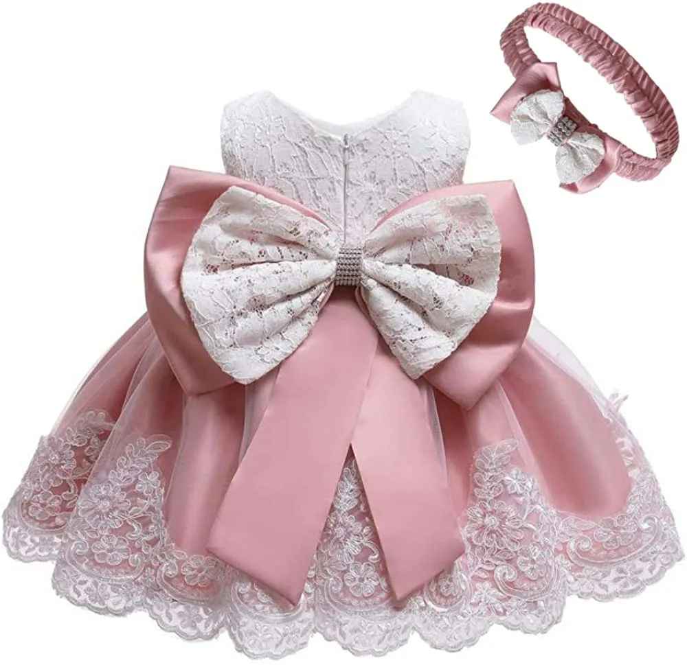 0-2T Big Bowknot Toddler Baby Girls Photo Shoot Pageant Party Lace Dress with Headwear