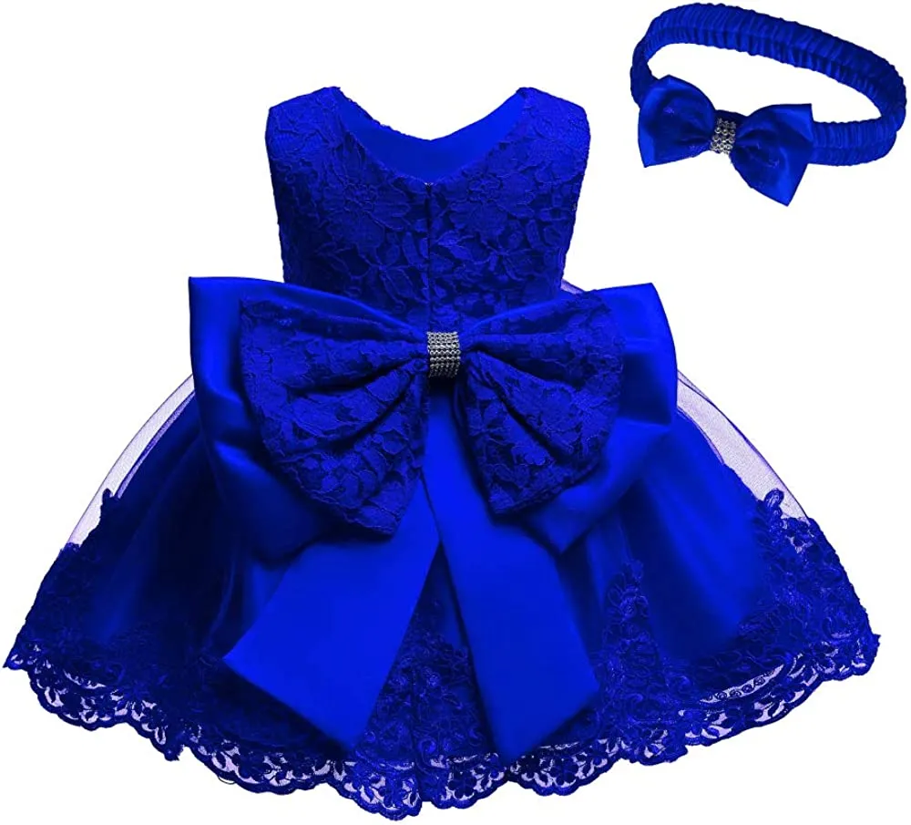 0-2T Big Bowknot Toddler Baby Girls Photo Shoot Pageant Party Lace Dress with Headwear