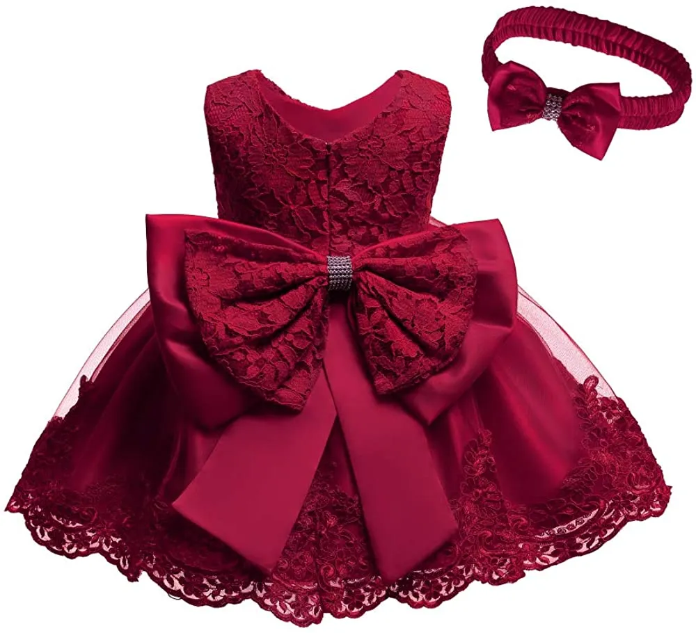 0-2T Big Bowknot Toddler Baby Girls Photo Shoot Pageant Party Lace Dress with Headwear