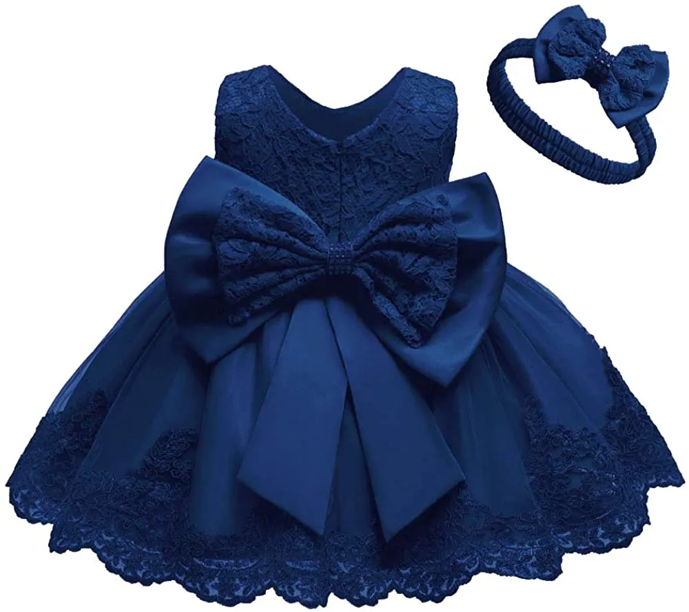 0-2T Big Bowknot Toddler Baby Girls Photo Shoot Pageant Party Lace Dress with Headwear