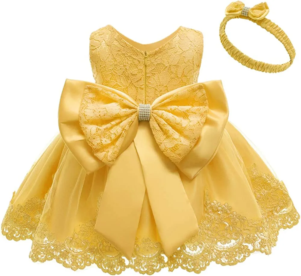 0-2T Big Bowknot Toddler Baby Girls Photo Shoot Pageant Party Lace Dress with Headwear