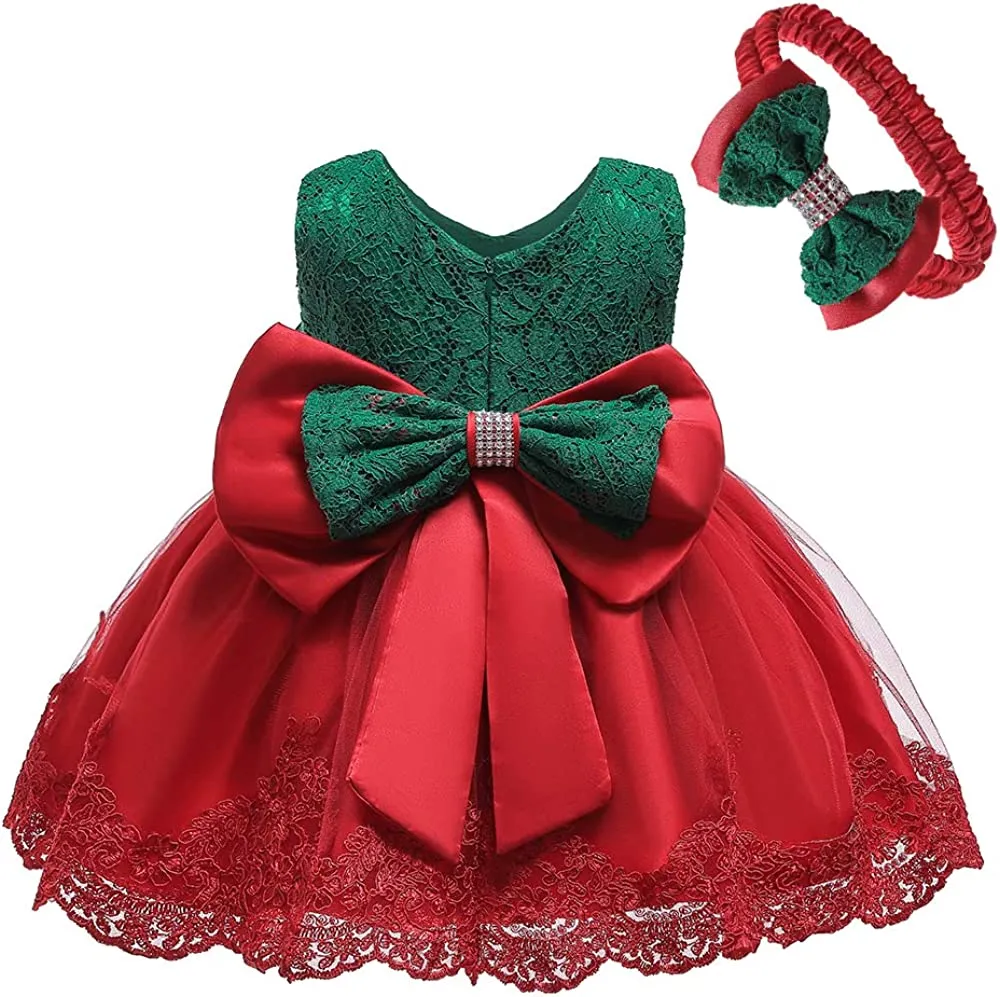 0-2T Big Bowknot Toddler Baby Girls Photo Shoot Pageant Party Lace Dress with Headwear