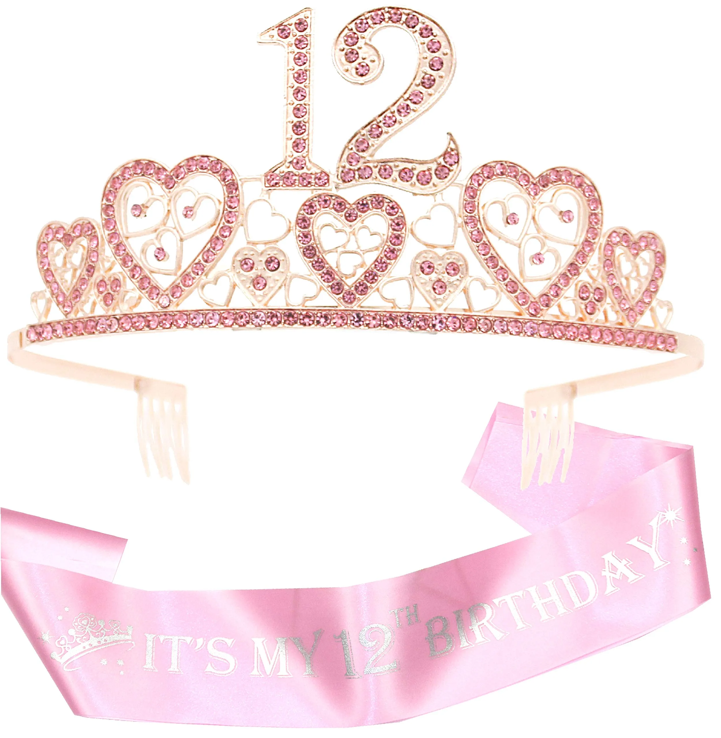 12th Birthday Pink Tiara for girl, 12th Birthday Sash and Crown, 12th Sash Birthday Girl