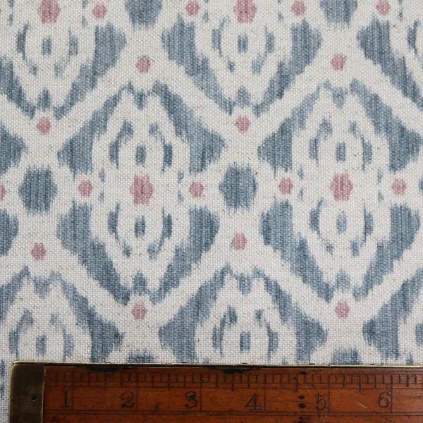 140CM REMNANT Home Furnishing Ikat Linen Mix Geometric -Stevie in Blue/Pink