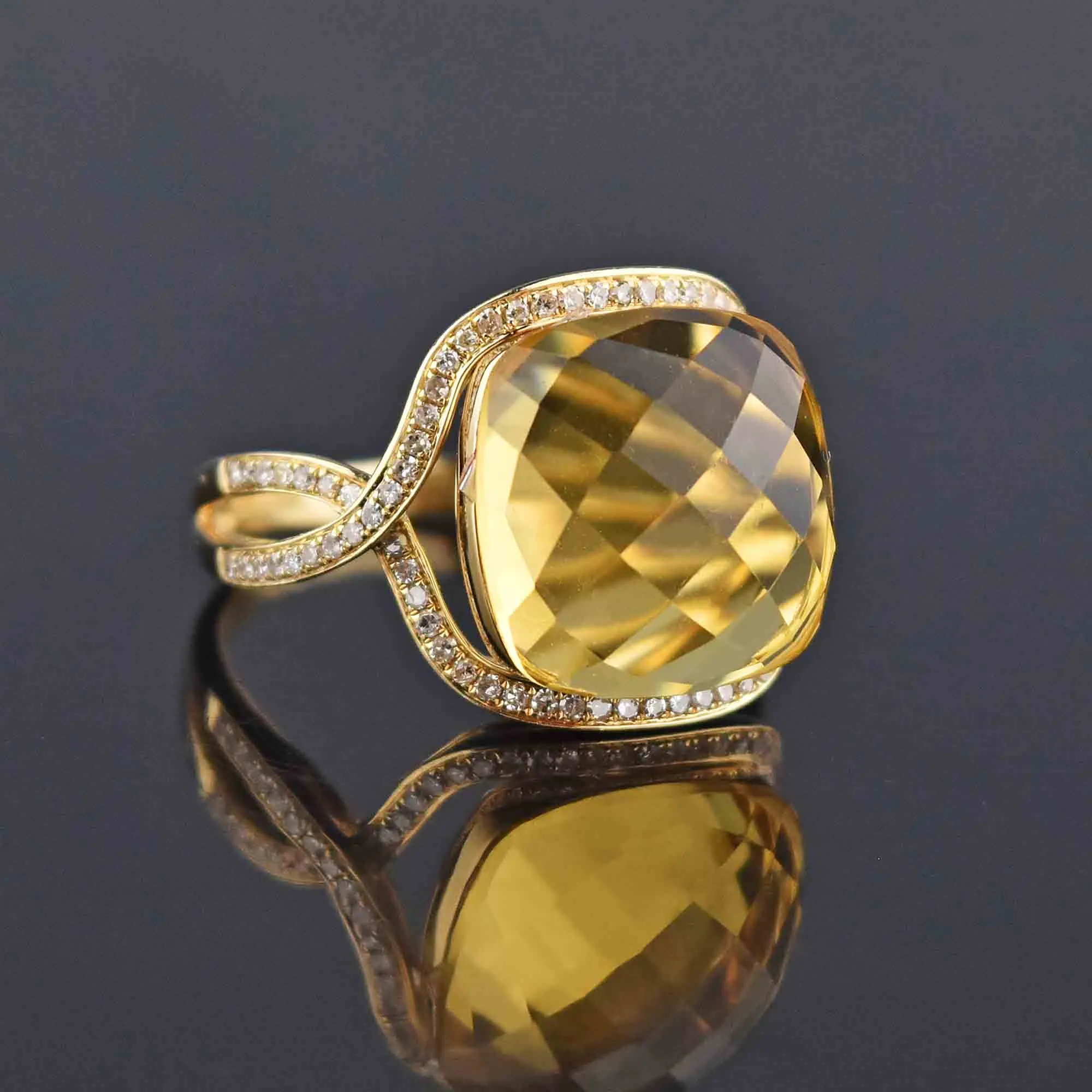 14K Gold Diamond Halo Checkerboard Citrine Ring