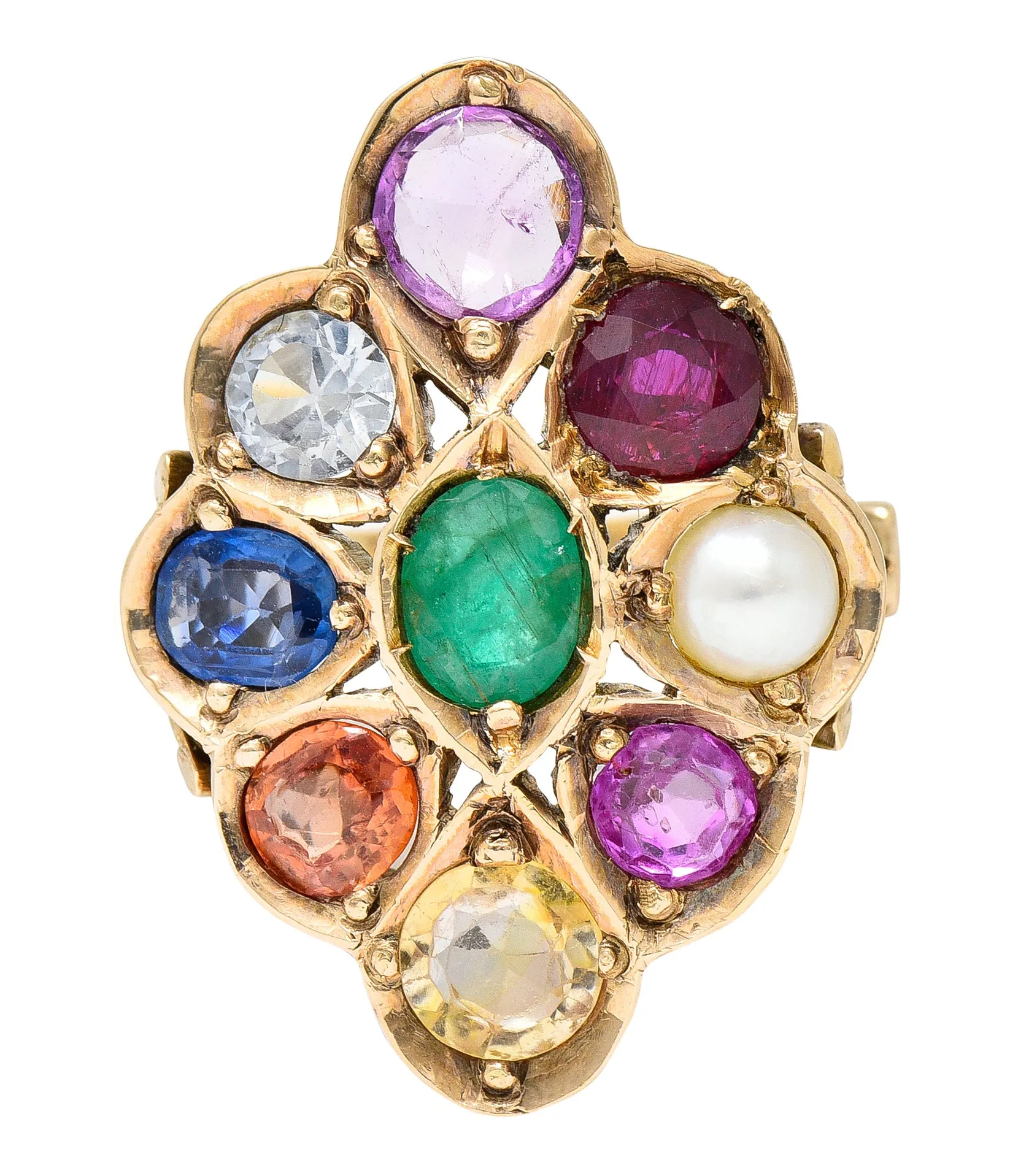 1880's Victorian Pearl 3.95 CTW Fancy Colored Sapphire Ruby Emerald 18 Karat Yellow Gold Antique Cluster Ring