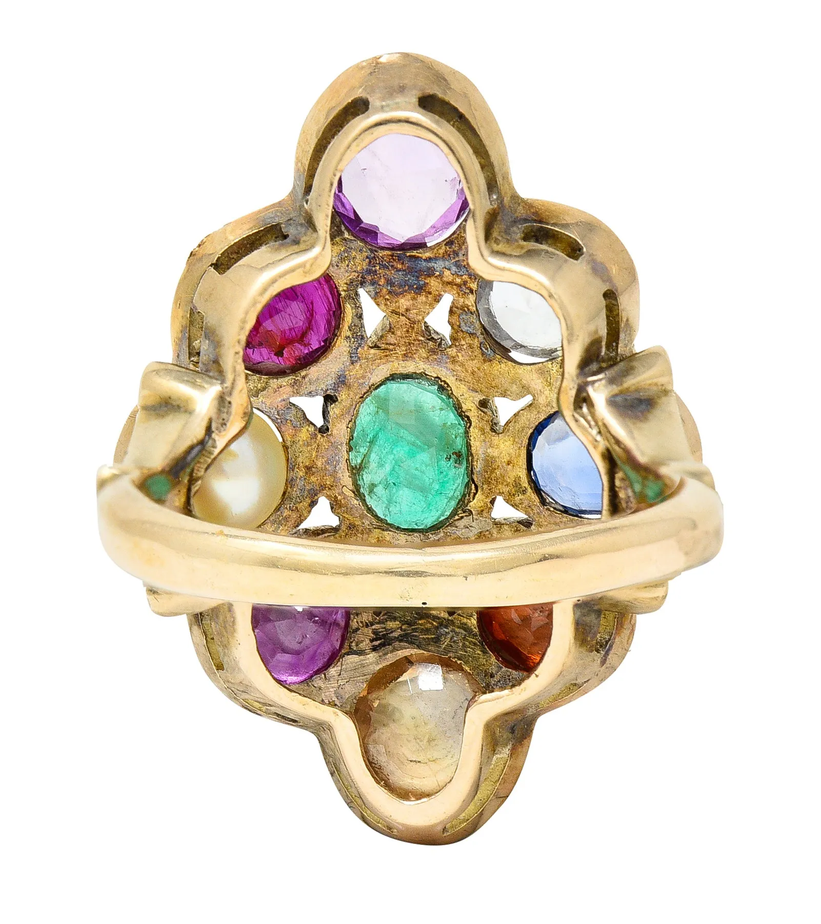 1880's Victorian Pearl 3.95 CTW Fancy Colored Sapphire Ruby Emerald 18 Karat Yellow Gold Antique Cluster Ring