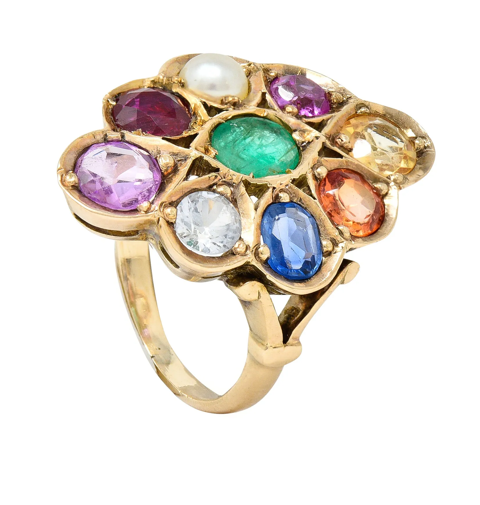 1880's Victorian Pearl 3.95 CTW Fancy Colored Sapphire Ruby Emerald 18 Karat Yellow Gold Antique Cluster Ring