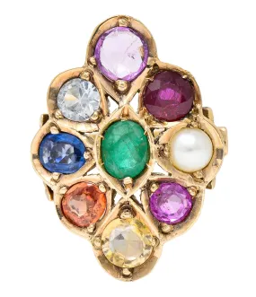 1880's Victorian Pearl 3.95 CTW Fancy Colored Sapphire Ruby Emerald 18 Karat Yellow Gold Antique Cluster Ring