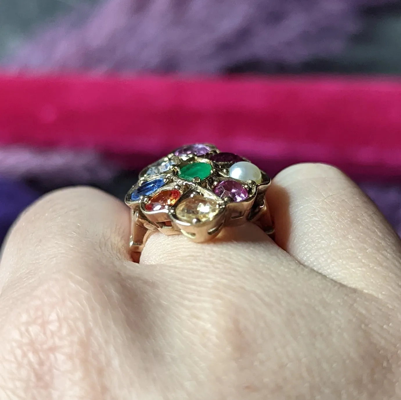 1880's Victorian Pearl 3.95 CTW Fancy Colored Sapphire Ruby Emerald 18 Karat Yellow Gold Antique Cluster Ring