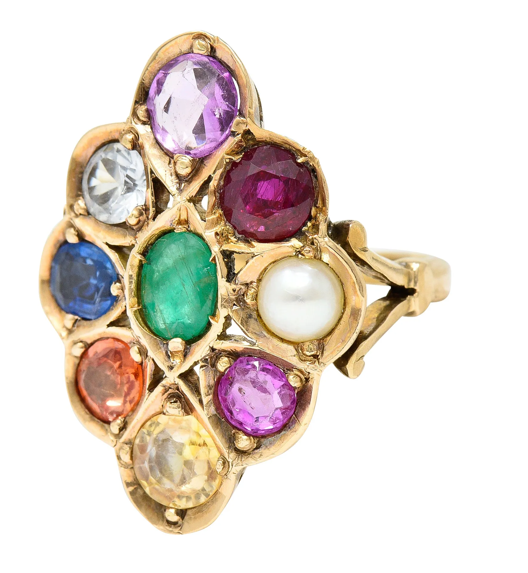 1880's Victorian Pearl 3.95 CTW Fancy Colored Sapphire Ruby Emerald 18 Karat Yellow Gold Antique Cluster Ring