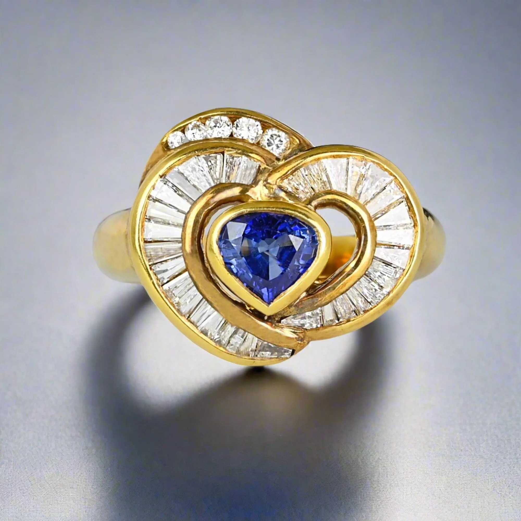 18K Gold Baguette Diamond Heart Ceylon Sapphire Ring