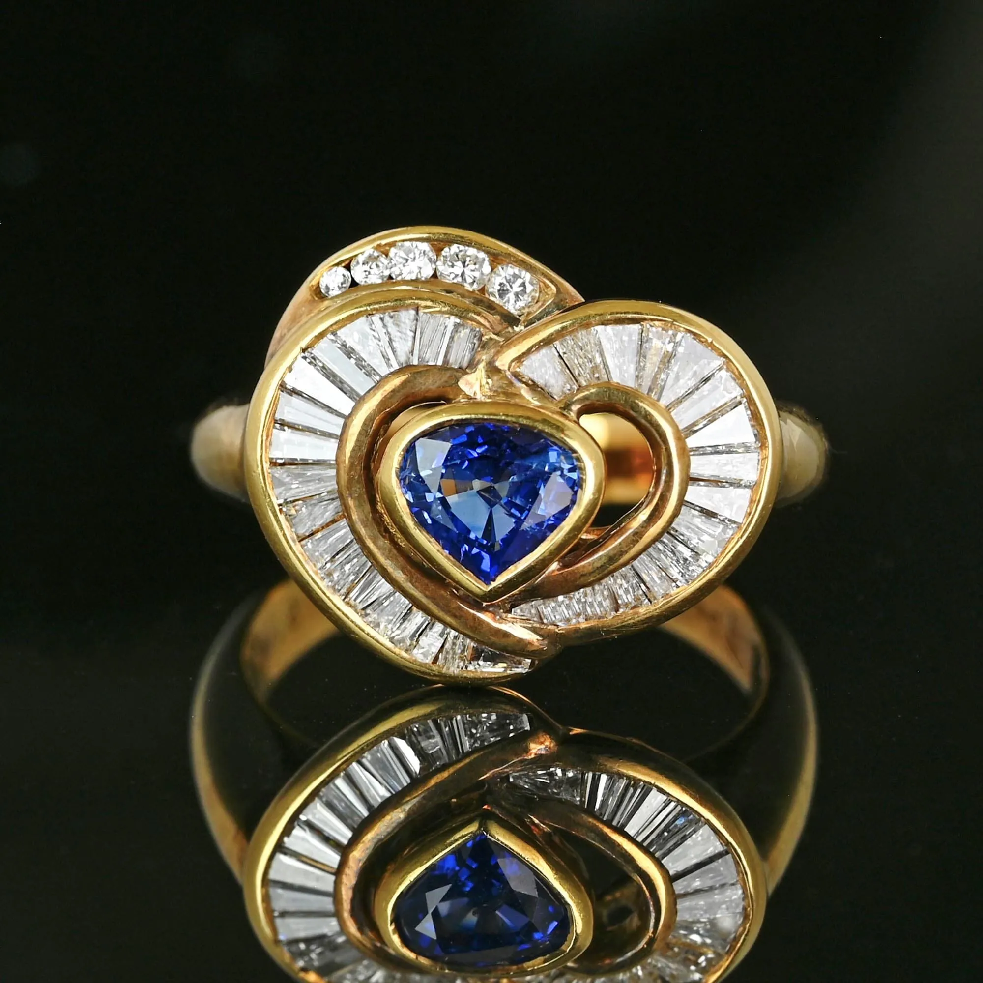 18K Gold Baguette Diamond Heart Ceylon Sapphire Ring