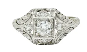 1929 Art Deco 0.45 CTW Diamond Platinum-Topped 18 Karat White Gold Foliate Ring