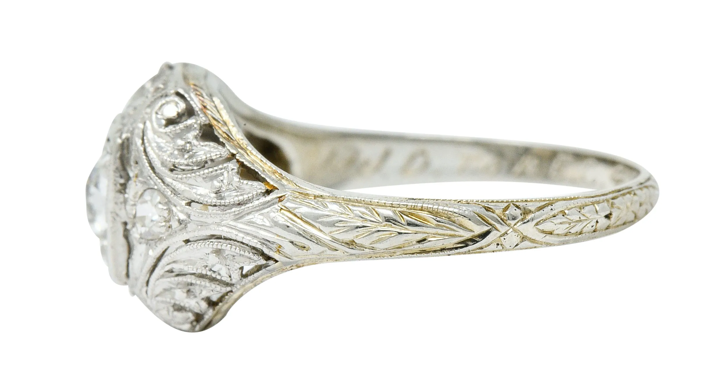 1929 Art Deco 0.45 CTW Diamond Platinum-Topped 18 Karat White Gold Foliate Ring