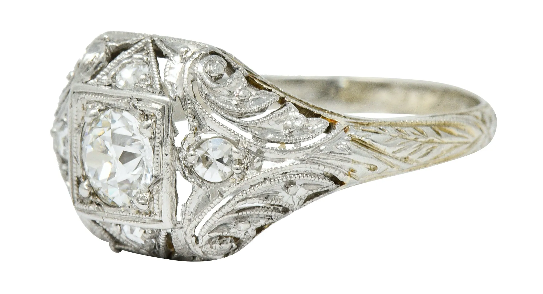 1929 Art Deco 0.45 CTW Diamond Platinum-Topped 18 Karat White Gold Foliate Ring