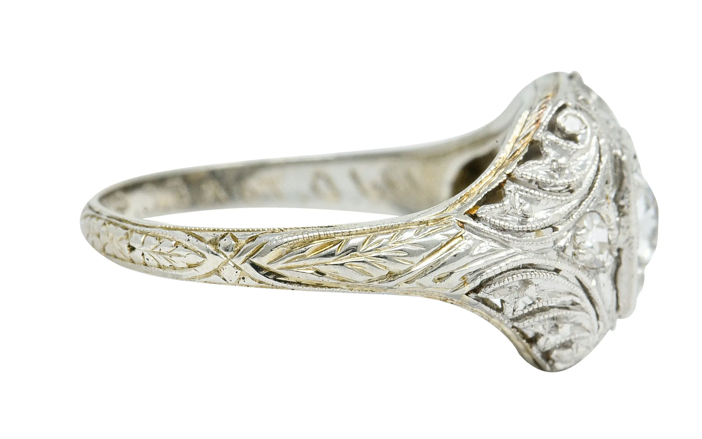 1929 Art Deco 0.45 CTW Diamond Platinum-Topped 18 Karat White Gold Foliate Ring