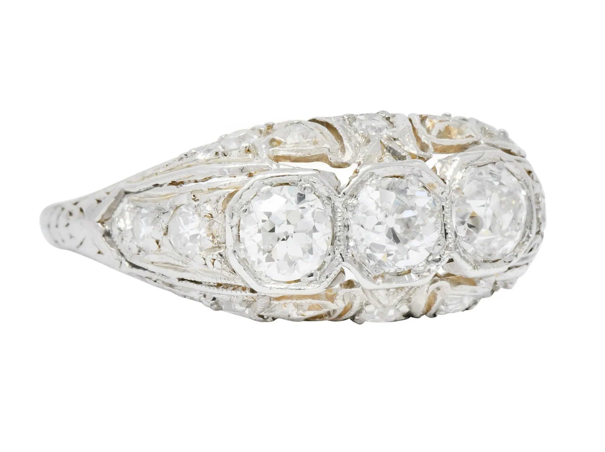 1930's Art Deco 1.16 CTW Diamond Platinum Three Stone Dinner Ring