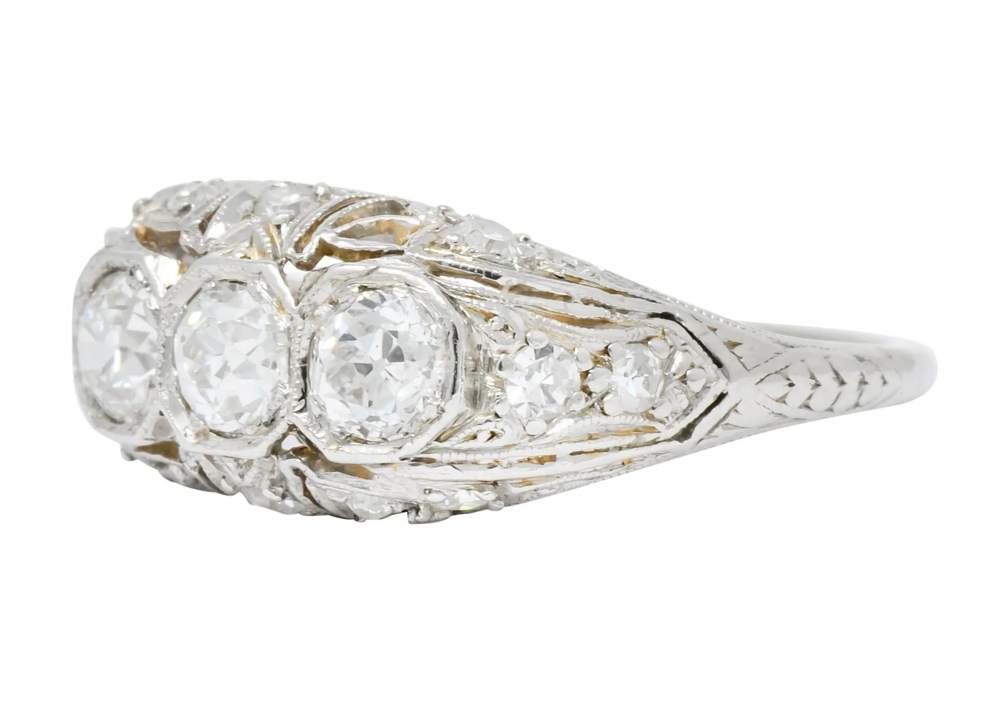 1930's Art Deco 1.16 CTW Diamond Platinum Three Stone Dinner Ring