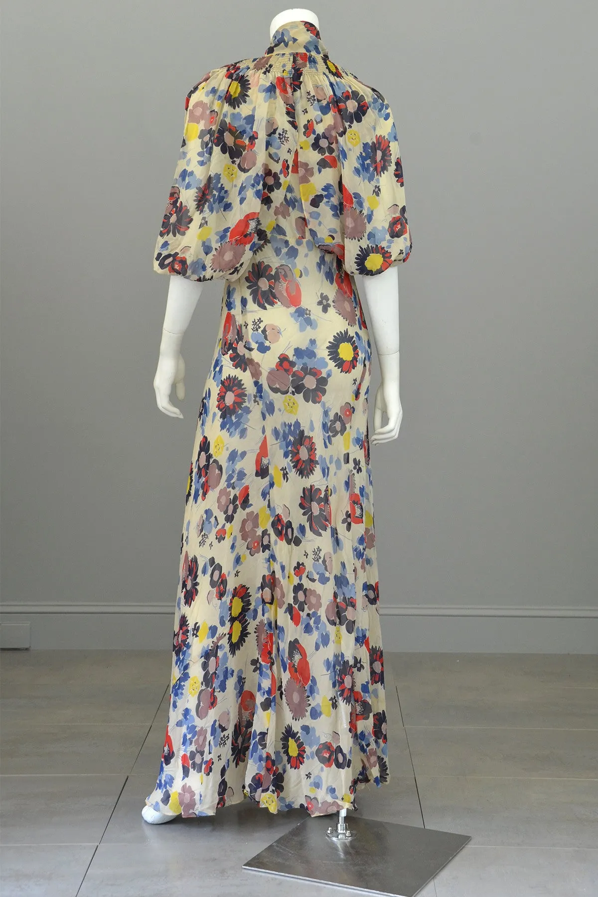 1930s Floral Print Silk Chiffon Vintage Gown and Butterfly Wing Shrug / Bolero