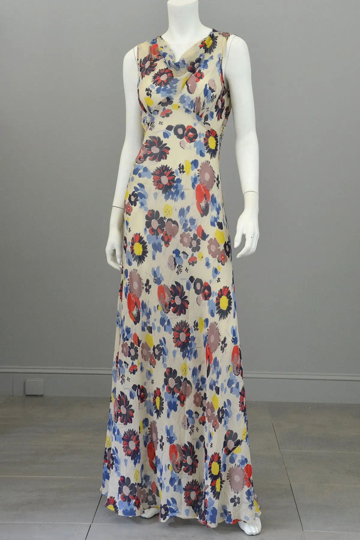 1930s Floral Print Silk Chiffon Vintage Gown and Butterfly Wing Shrug / Bolero