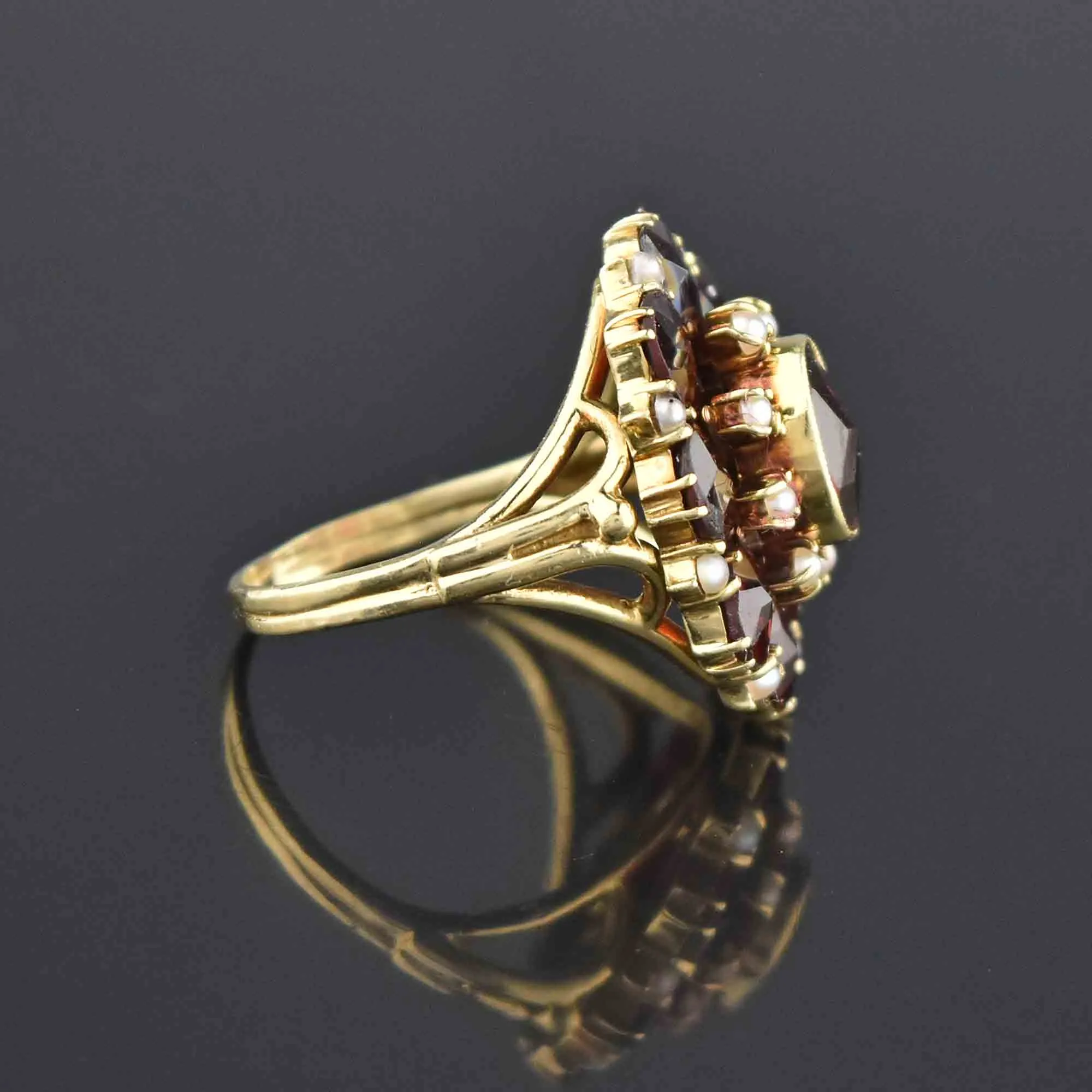 1930s Pearl Rose Cut Garnet Cluster 14K Gold Ring