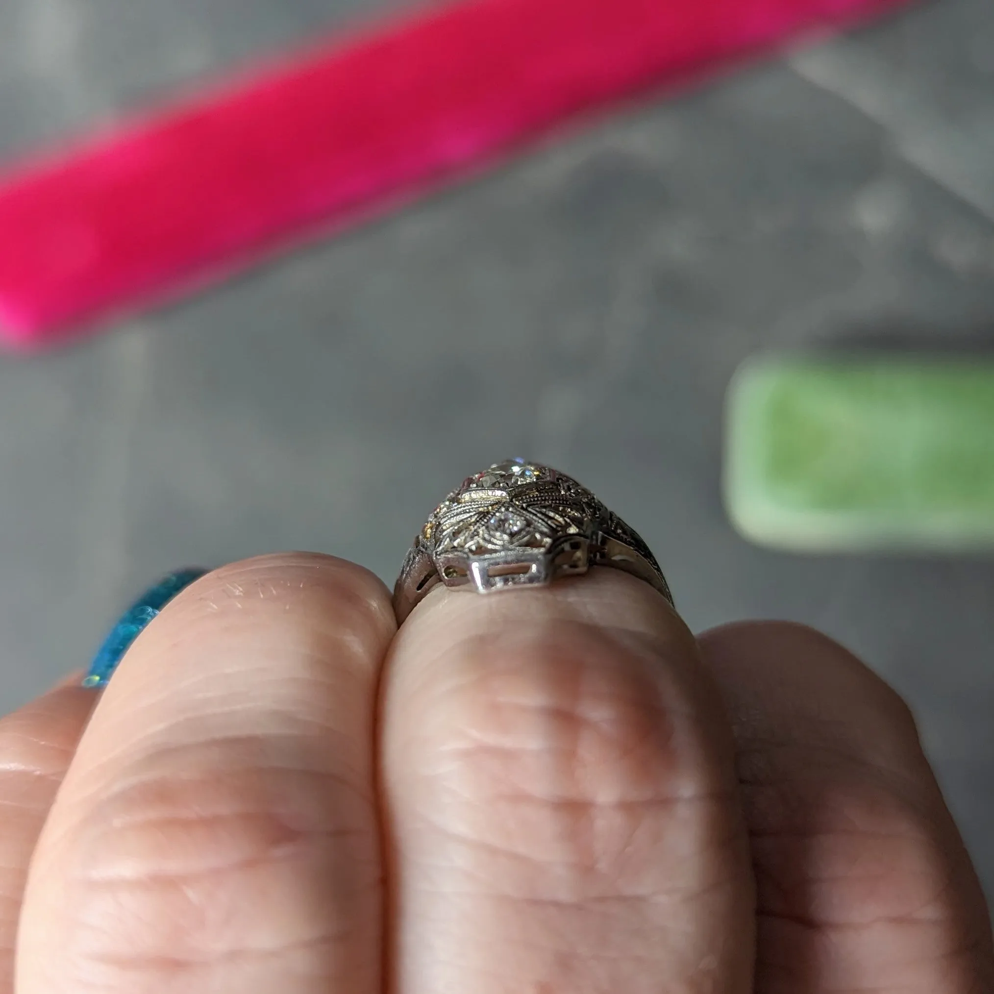 1950's Mid-Century Old European Cut Diamond 18 Karat White Gold Filigree Vintage Dinner Ring