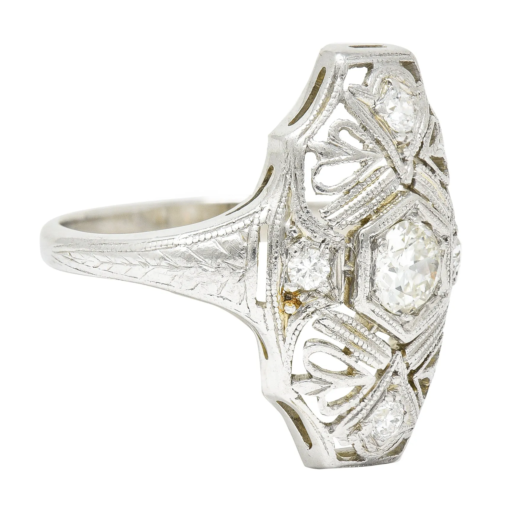 1950's Mid-Century Old European Cut Diamond 18 Karat White Gold Filigree Vintage Dinner Ring