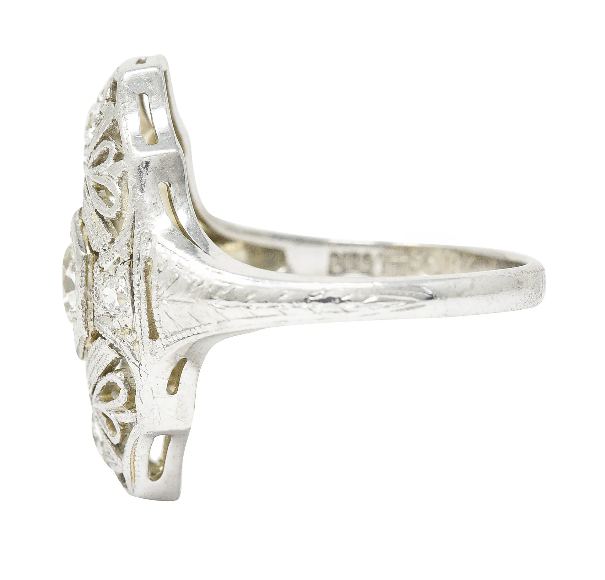 1950's Mid-Century Old European Cut Diamond 18 Karat White Gold Filigree Vintage Dinner Ring