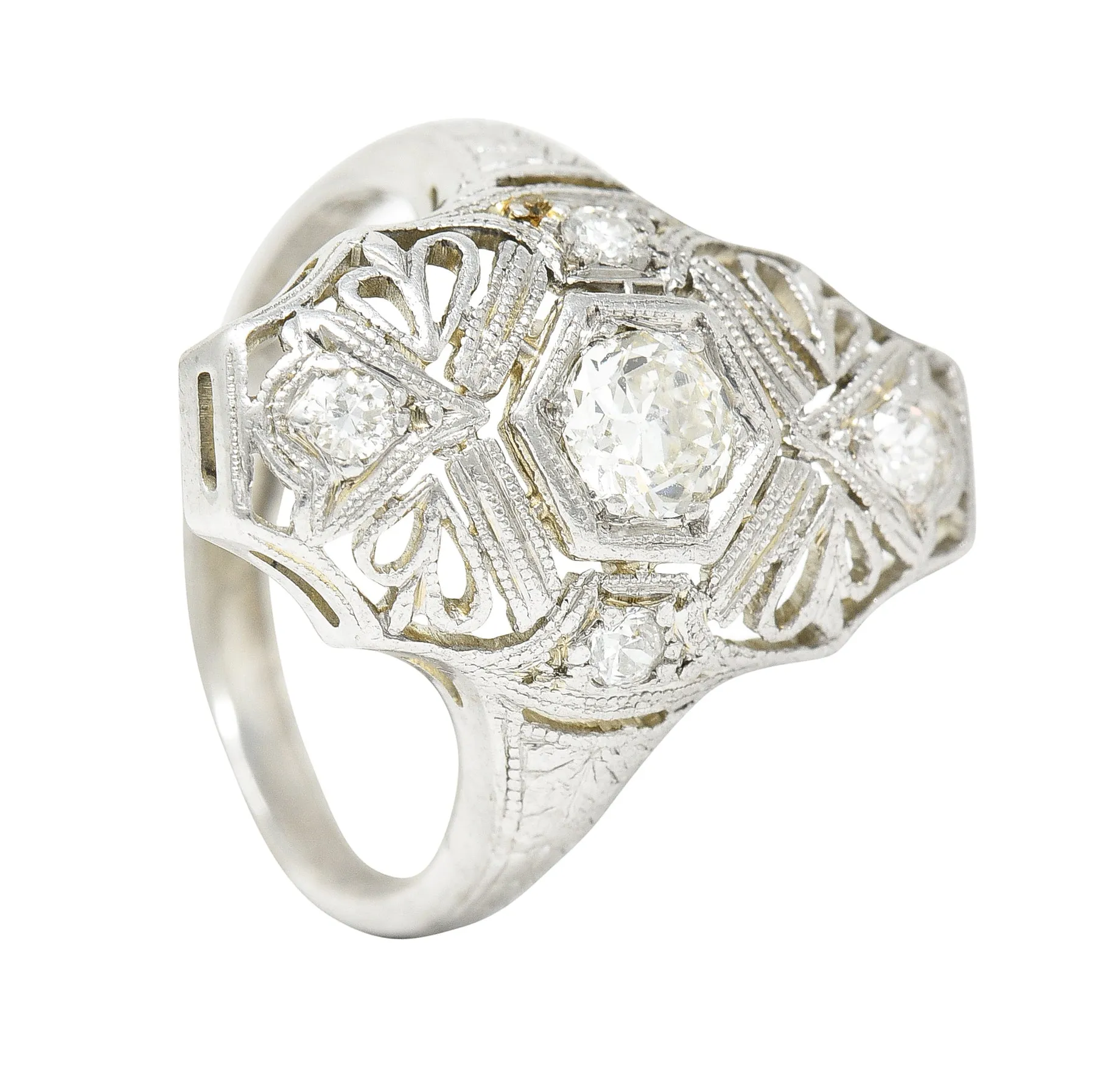 1950's Mid-Century Old European Cut Diamond 18 Karat White Gold Filigree Vintage Dinner Ring