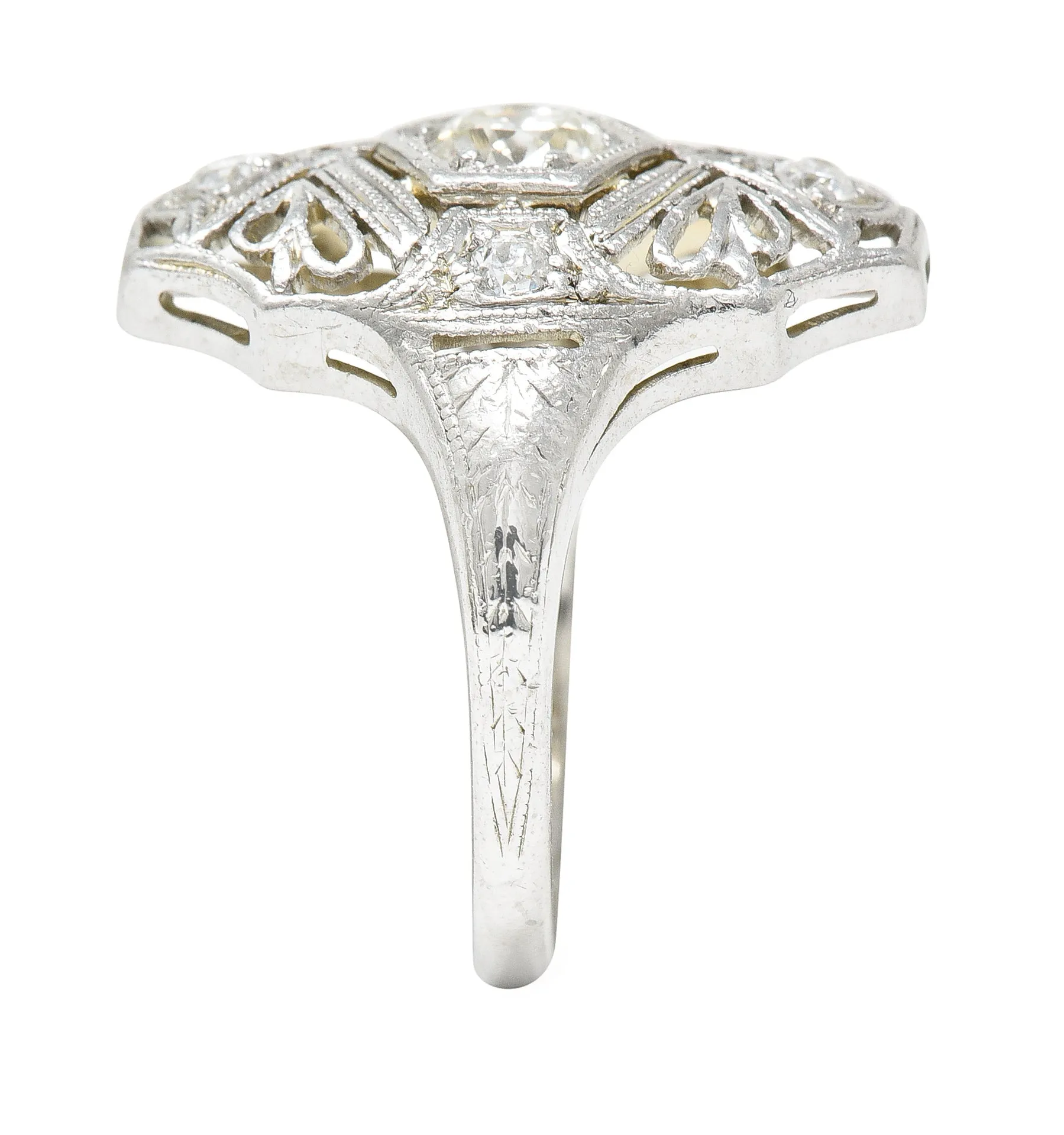 1950's Mid-Century Old European Cut Diamond 18 Karat White Gold Filigree Vintage Dinner Ring