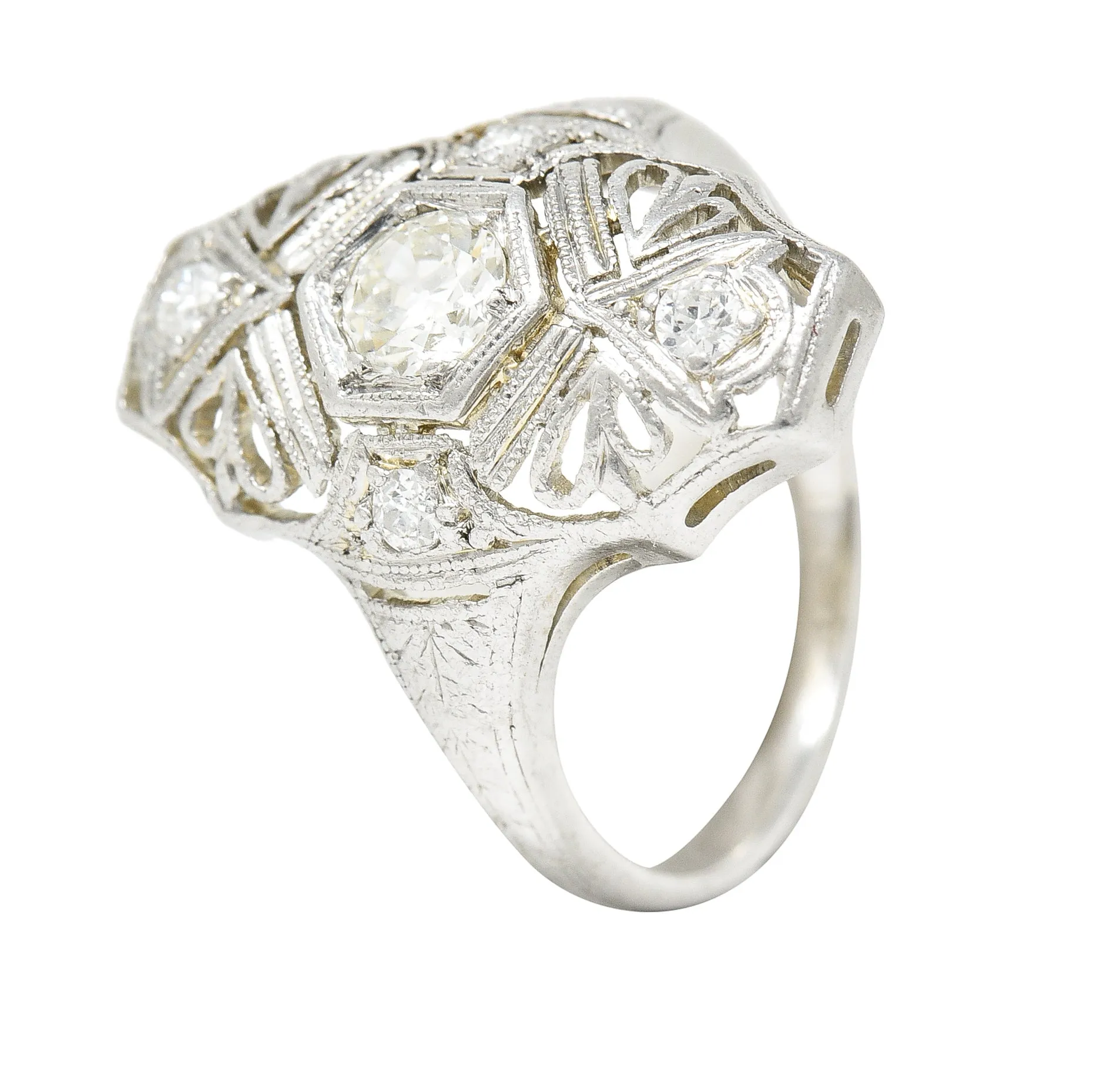 1950's Mid-Century Old European Cut Diamond 18 Karat White Gold Filigree Vintage Dinner Ring