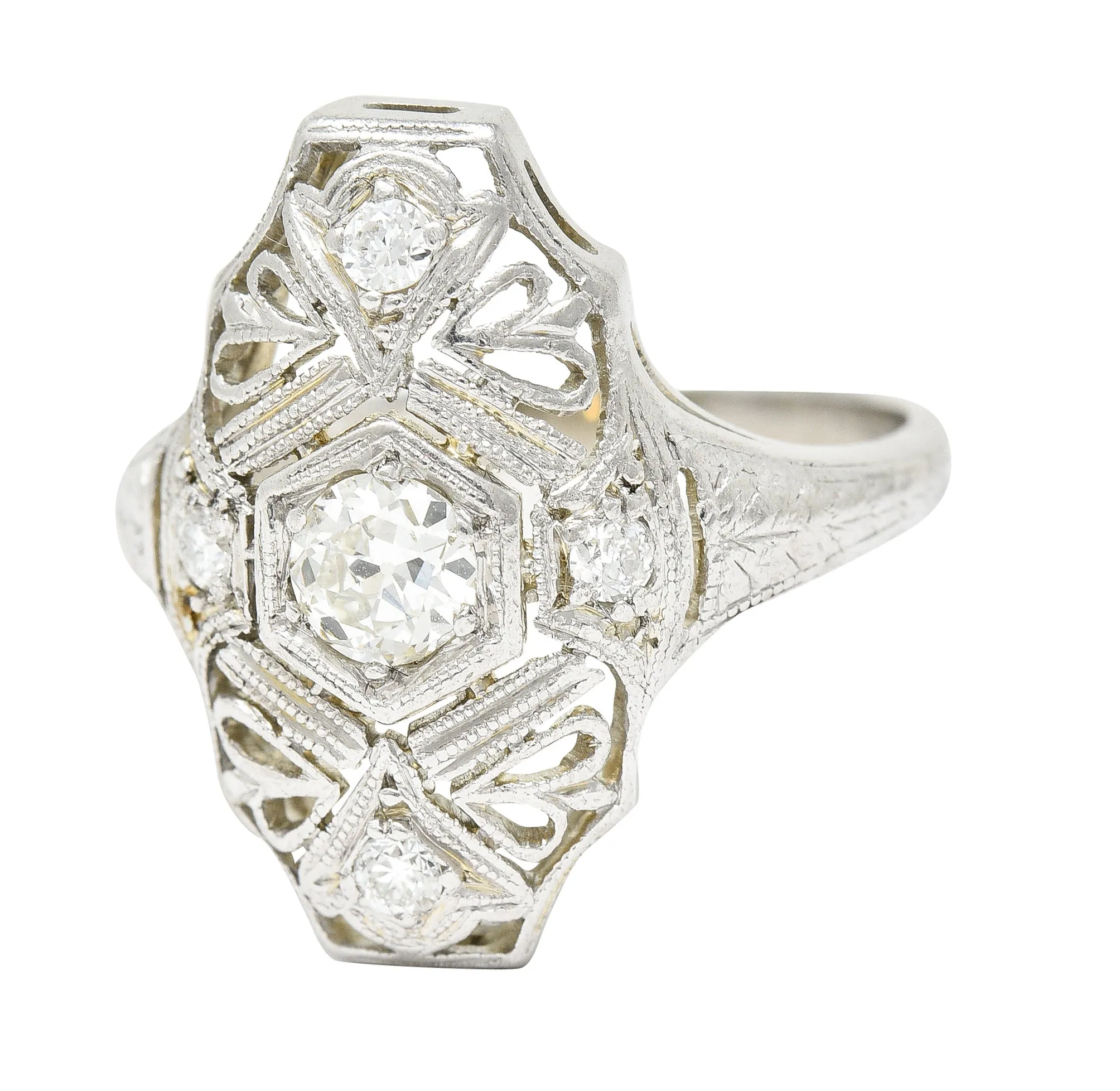 1950's Mid-Century Old European Cut Diamond 18 Karat White Gold Filigree Vintage Dinner Ring