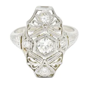 1950's Mid-Century Old European Cut Diamond 18 Karat White Gold Filigree Vintage Dinner Ring