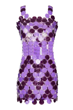 1969 'Barbarella!' Purple Mini Disc Dress. Rent: £120/Day