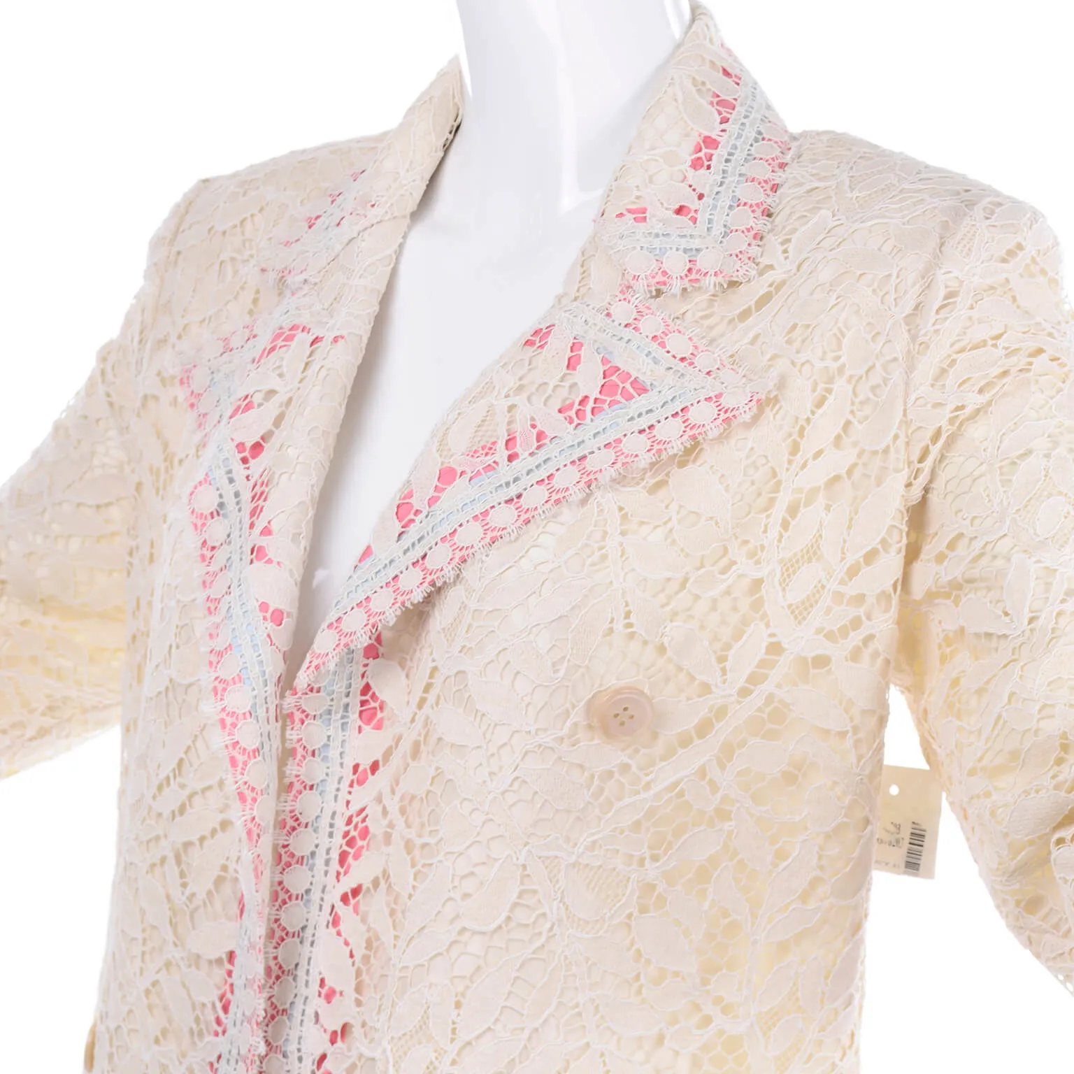 1970s Bill Blass Cream Lace Coat w/ Pink & Blue Ribbon Deadstock