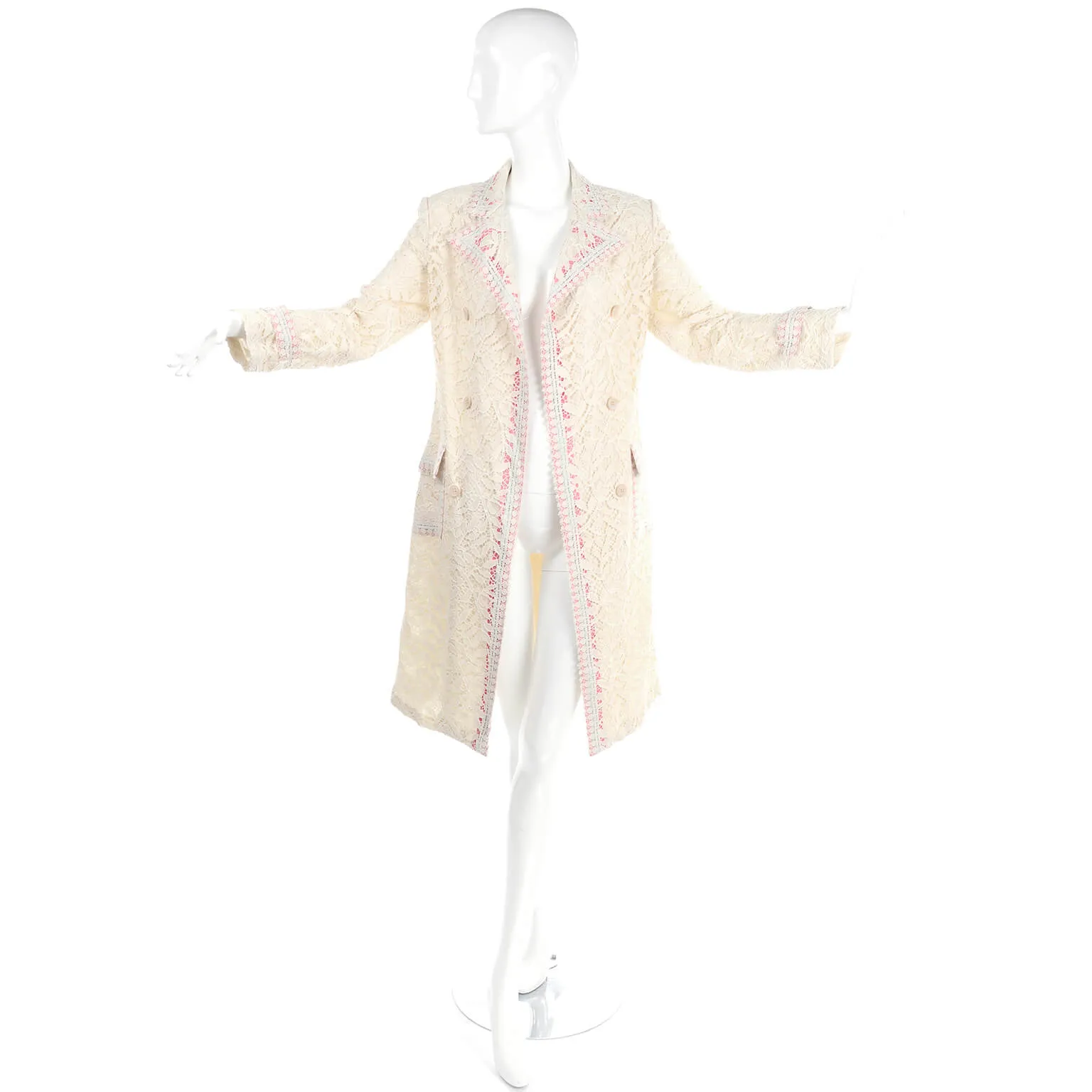 1970s Bill Blass Cream Lace Coat w/ Pink & Blue Ribbon Deadstock