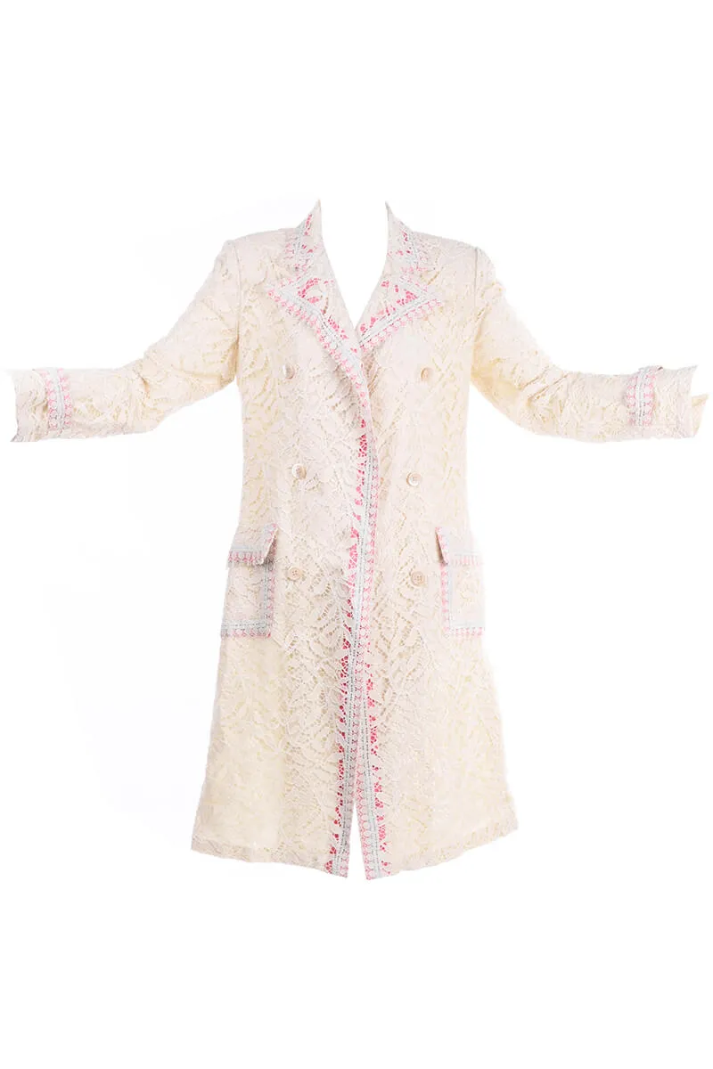 1970s Bill Blass Cream Lace Coat w/ Pink & Blue Ribbon Deadstock