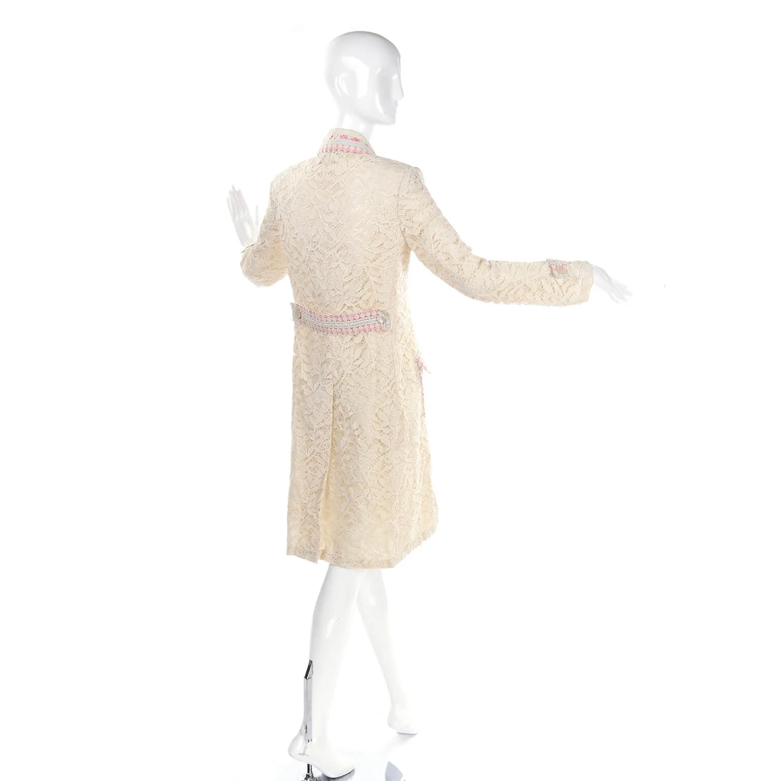 1970s Bill Blass Cream Lace Coat w/ Pink & Blue Ribbon Deadstock