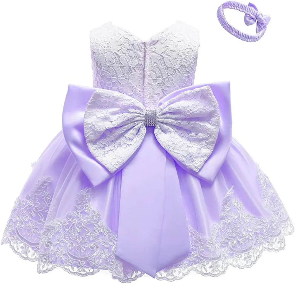 2-6T Flower Girl Dress Pageant Wedding Birthday Party Lace Dresses with Headwear