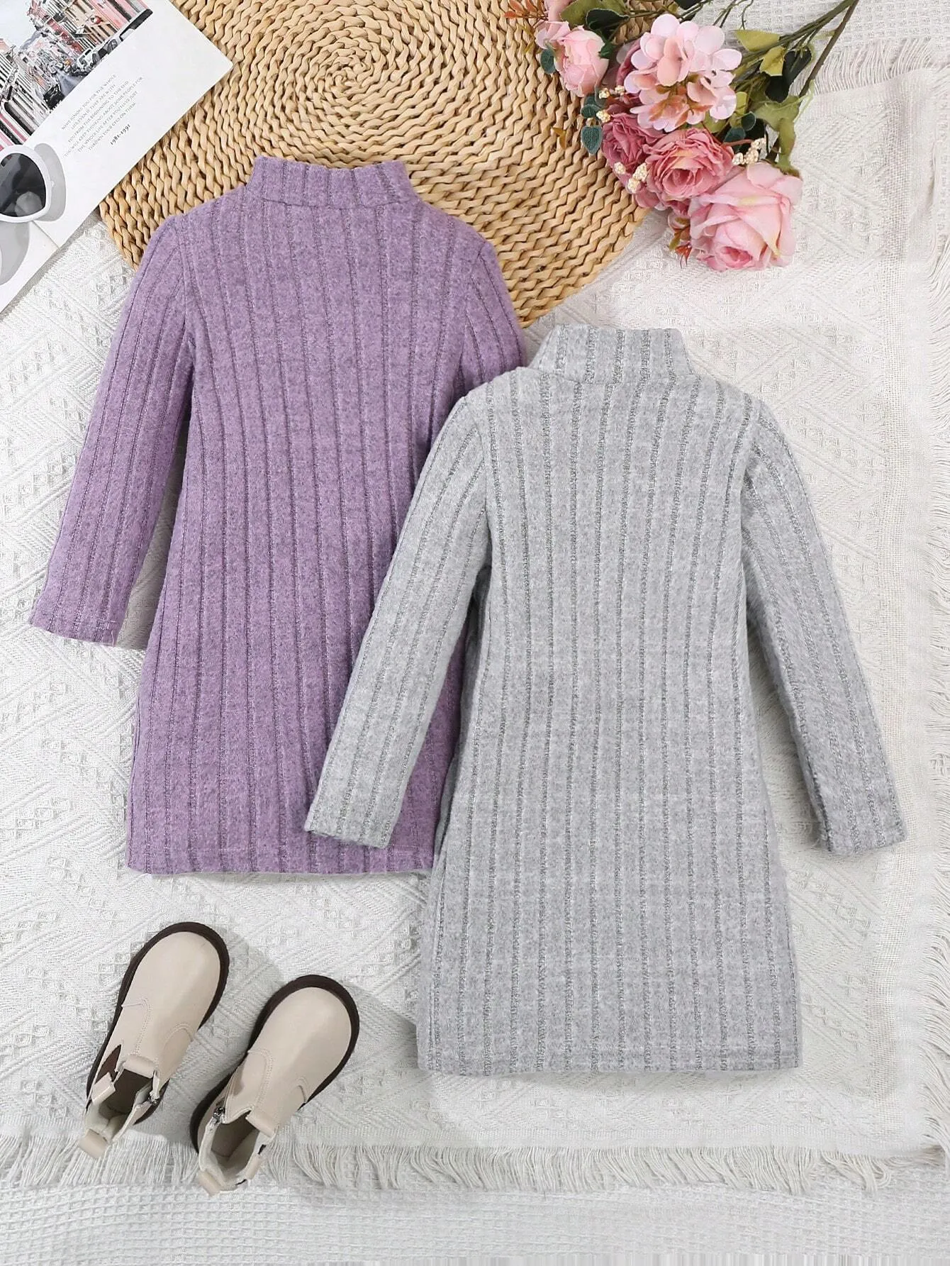 2pcs/Set Girls Cat Embroidery Round Neck Striped Faux Fur Solid Color Casual Cute Dress Suit, Autumn