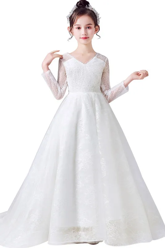 A-Line Elegant Long Sleeves Lace Flower Girl Dress With Bowknot