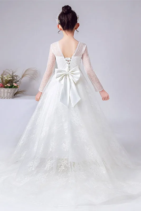 A-Line Elegant Long Sleeves Lace Flower Girl Dress With Bowknot