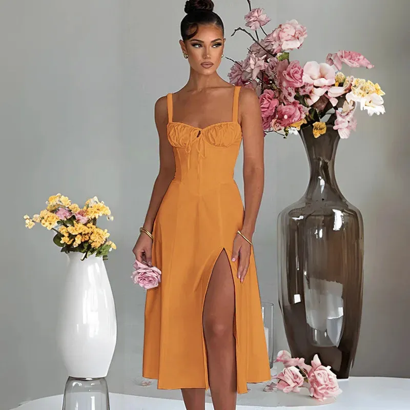 A-line Long Spaghetti Strap Summer Backless Split Nightclub Sexy Midi Dress