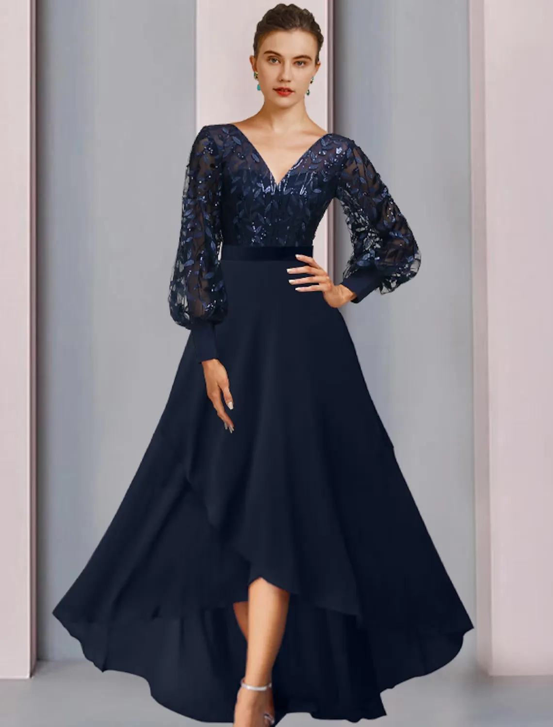 A-Line Mother of the Bride Dress Sparkle & Shine High Low Jewel Neck Asymmetrical Tea Length Chiffon Lace Sequined Long Sleeve with Sequin Appliques