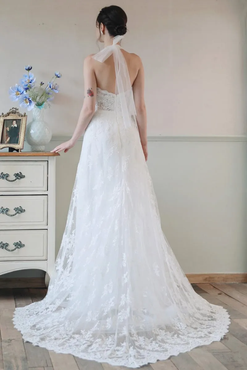 A-Line Sweep-Brush Train Lace Tulle Wedding Dress CW3097