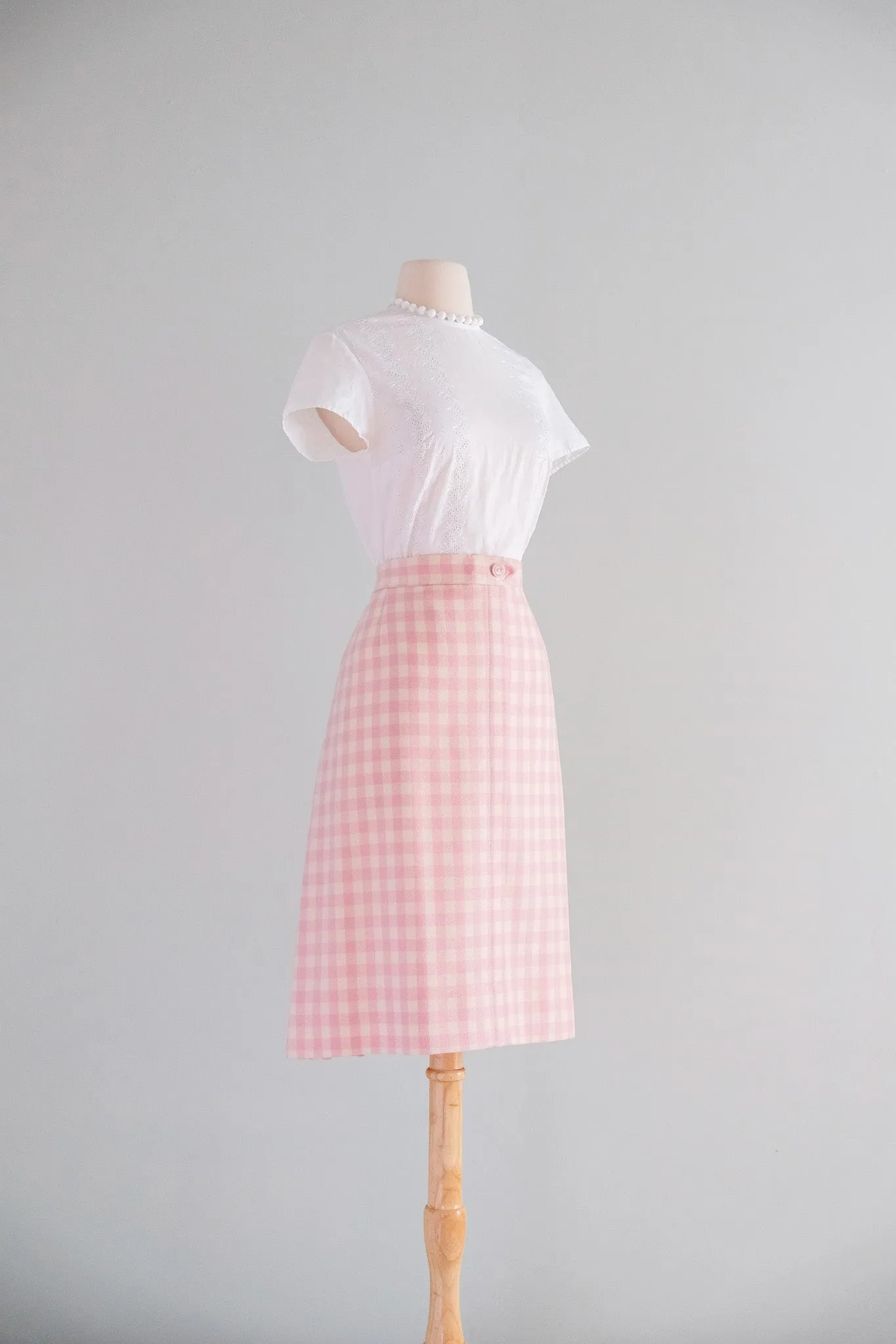 Adorable 1960's Pink Gingham Wool Skirt by Dalton / Sz M