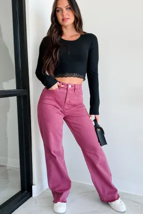 Afton Wide Leg Frayed Hem YMI Jeans (Boysenberry)