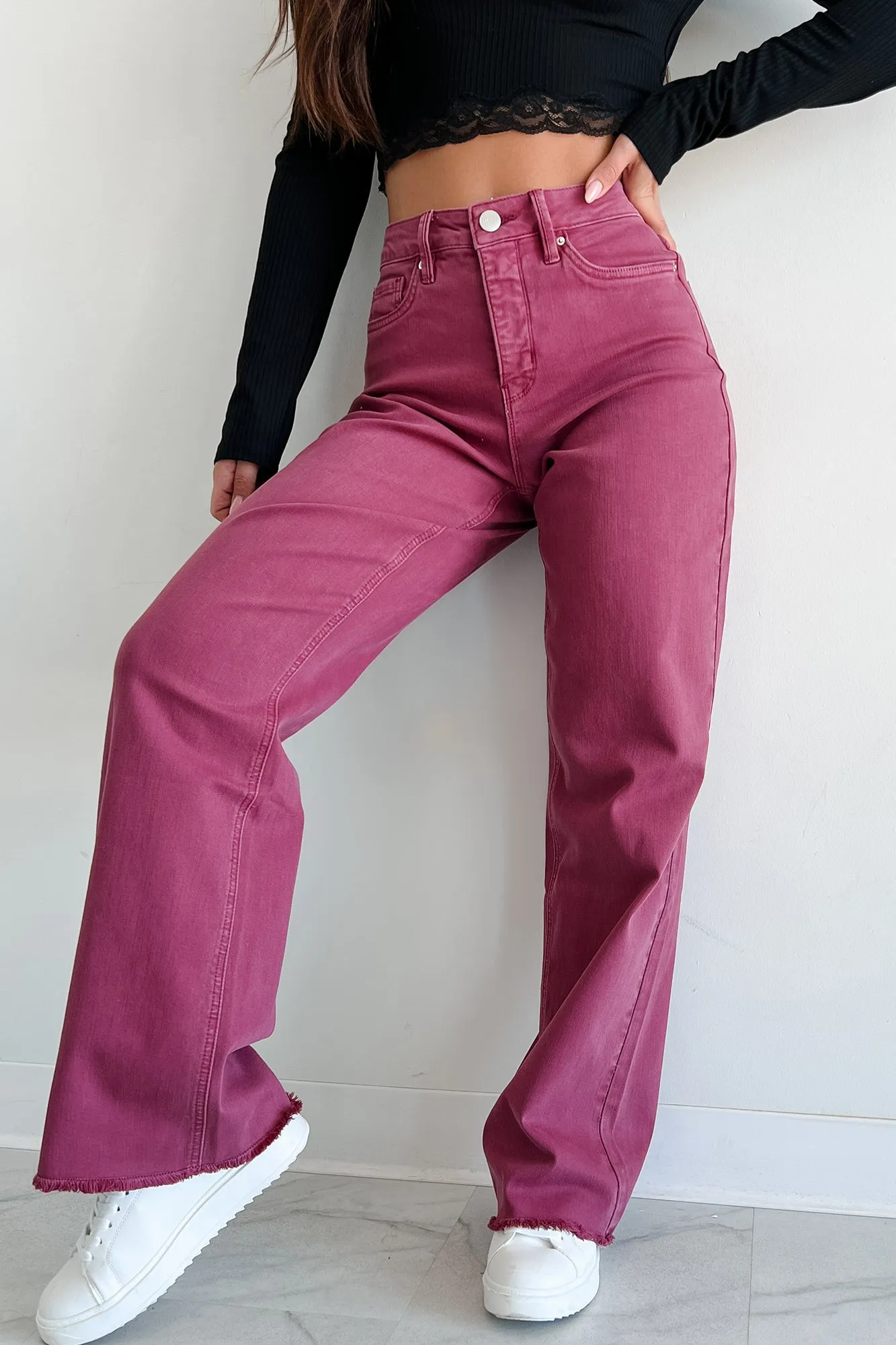 Afton Wide Leg Frayed Hem YMI Jeans (Boysenberry)